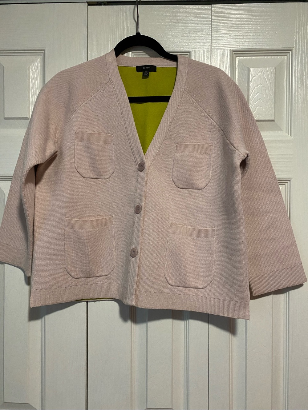 JCrew Front Pocket Cropped Cardigan Jacket Small Two Tone blush-pink and green.